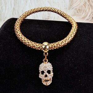Gold Mesh Bangle Bracelet with Pave Skull Charm